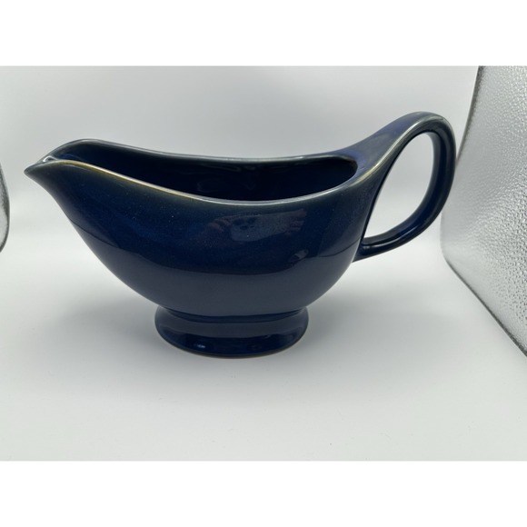 Lynn's Stoneware Large Blue Gravy Sauce Boat. Beautiful blue w/light brown trim. - Picture 1 of 8